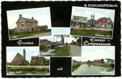 Emmer-Compascuum, Spil - Geref. Kerk - Herv. Kerk - Hoofdkanaal ansichtkaart: Emmer-Compascuum, Spil - Geref. Kerk - Herv. Kerk - Hoofdkanaal