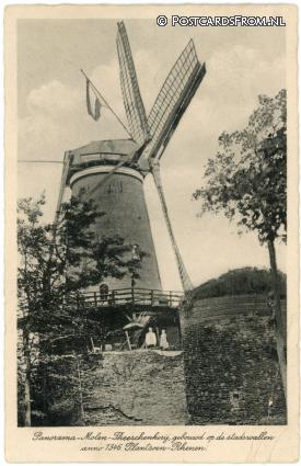 Rhenen, Panorama-Molen-Theeschenkerij gebouwd op stadswallen ansichtkaart: Rhenen, Panorama-Molen-Theeschenkerij gebouwd op stadswallen