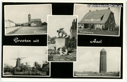 ansichtkaart: Axel, Pironstraat - Jeugdherberg - Pools Monument - Molen - Watertoren