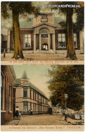 ansichtkaart: Dokkum, Weeshuis - Achterom en Gebouw 'Groene Kruis'