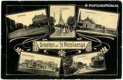 Sint Nicolaasga, Dorpstraat - R.K. Kerk - Tramstation - Wilhelminaoord - Kerkstr. ansichtkaart: Sint Nicolaasga, Dorpstraat - R.K. Kerk - Tramstation - Wilhelminaoord - Kerkstr.