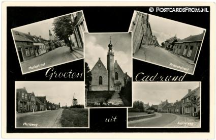 ansichtkaart: Cadzand, Mariastraat - Prinsenstraat - N.H. Kerk - Mariaweg - Achterweg