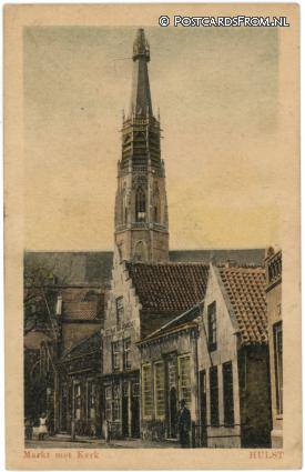 ansichtkaart: Hulst, Markt met Kerk. Cafe: Het huis van Commerce