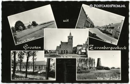 ansichtkaart: Zevenbergschen Hoek, Boerderij de Lint - Frisostraat - Kleuterschool - Molen Zeedijk