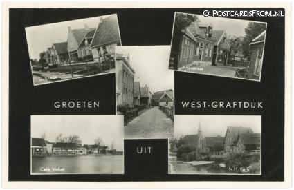 ansichtkaart: West-Graftdijk, Sluiskade - Dorpsstraat - Cafe Vislust - N.H. Kerk