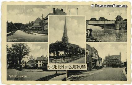 Zuidhorn, Ypenlaan - Brug - Rijksstraatweg - Kerk ansichtkaart: Zuidhorn, Ypenlaan - Brug - Rijksstraatweg - Kerk