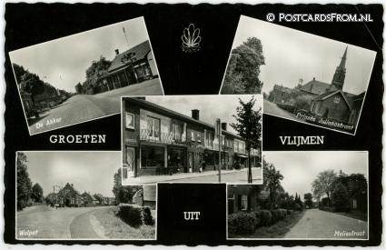 Vlijmen, De Akker - Pr. Julianastraat - Wolput - Meliestraat ansichtkaart: Vlijmen, De Akker - Pr. Julianastraat - Wolput - Meliestraat