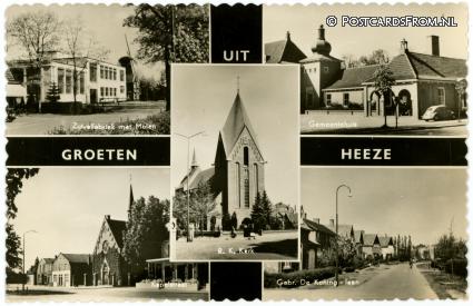 Heeze, Zuivelfabriek en Molen - Gemeentehuis - Kapelstraat - Koninglaan ansichtkaart: Heeze, Zuivelfabriek en Molen - Gemeentehuis - Kapelstraat - Koninglaan