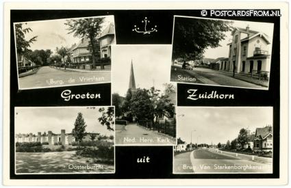 Zuidhorn, Burg. de Vrieslaan - Station - Oosterburcht - Brug Stakenborgh ansichtkaart: Zuidhorn, Burg. de Vrieslaan - Station - Oosterburcht - Brug Stakenborgh