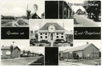 ansichtkaart: Zuid-Beijerland, Molendijk - Dorpsstraat - Bejaardenwoningen - Kleuterschool