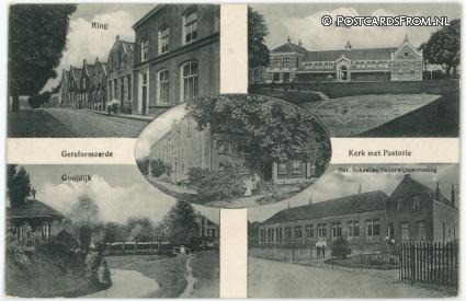 ansichtkaart: Zuidland, Ring - Geref. Kerk met Pastorie - Gooldijk - Chr. School