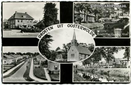 Oosterwolde FR, Gemeentehuis - Hotel 'De Gouden Klok' - Meuleveldweg - Molenweg ansichtkaart: Oosterwolde FR, Gemeentehuis - Hotel 'De Gouden Klok' - Meuleveldweg - Molenweg