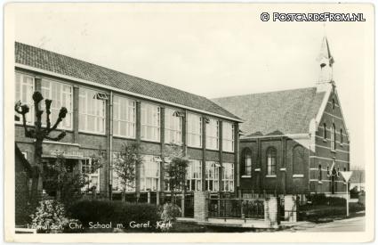 ansichtkaart: Leimuiden, Chr. School m. Geref. Kerk