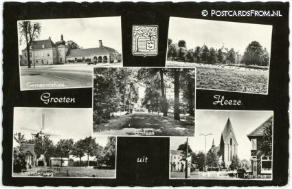 Heeze, Gemeentehuis - Kasteel - Boslaan - Leenderweg - R.K. Kerk ansichtkaart: Heeze, Gemeentehuis - Kasteel - Boslaan - Leenderweg - R.K. Kerk