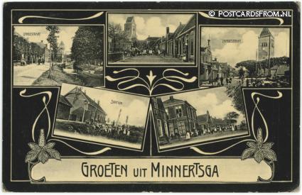 ansichtkaart: Minnertsga, Langestraat - Station