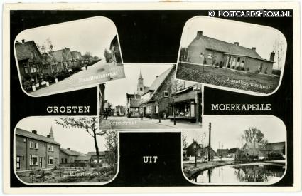 ansichtkaart: Moerkapelle, Raadhuisstraat - Landbouwscchool - Dorpstraat - Kleuterschool