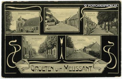 ansichtkaart: Melissant, Gemeentehuis - Onder de Molendijk - Voorstraat - Bouwdijk