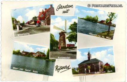 ansichtkaart: Rijsoord, Mauritsweg - Waal met Geref. Kerk - Ned. Herv. Kerk