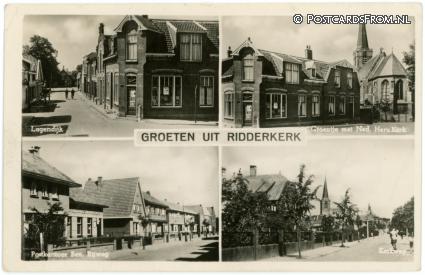 ansichtkaart: Ridderkerk, Lagendijk - Groentje met N.H. Kerk - Postkantoor - Kerkweg