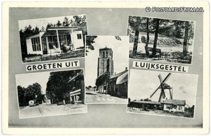 ansichtkaart: Luyksgestel, Bungalow - Openlucht-theater - Dorpstraat - Kerk