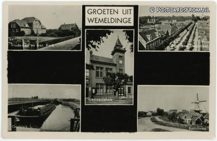 Wemeldinge, Vrede-Best en Ger. Kerk - Dorpstraat - Oostsluis - Bonzijweg ansichtkaart: Wemeldinge, Vrede-Best en Ger. Kerk - Dorpstraat - Oostsluis - Bonzijweg