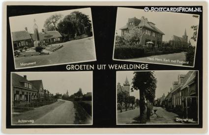 Wemeldinge, Monument - N.H. Kerk met Pastorie - Achterweg - Dorpsstraat ansichtkaart: Wemeldinge, Monument - N.H. Kerk met Pastorie - Achterweg - Dorpsstraat