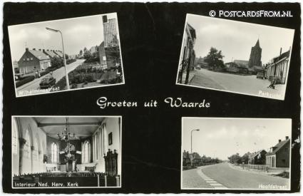 Waarde, Wilhelminastraat - Parkzicht - Int. N.H. Kerk - Hoofdstraat ansichtkaart: Waarde, Wilhelminastraat - Parkzicht - Int. N.H. Kerk - Hoofdstraat