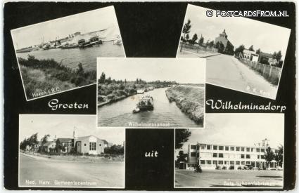 Wilhelminadorp, Haven - R.K. Kerk - Wilhelminakanaal - Bata-Schoenfabrieken ansichtkaart: Wilhelminadorp, Haven - R.K. Kerk - Wilhelminakanaal - Bata-Schoenfabrieken