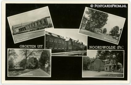 Noordwolde FR, Buurthuis - Dorpsplein - School - Dr. Mulderstraat - Postkantoor ansichtkaart: Noordwolde FR, Buurthuis - Dorpsplein - School - Dr. Mulderstraat - Postkantoor