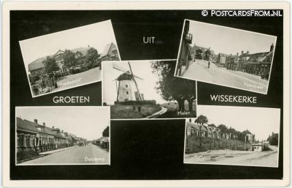 ansichtkaart: Wissenkerke, Rusthuis 'Vredestein' - Voorstraat - Molen - Dorpsweg