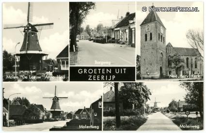ansichtkaart: Zeerijp, Molen 'De Leeuw' - Borgweg - N.H. Kerk - Molenweg