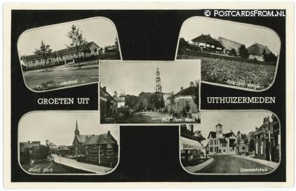 Uithuizermeeden, Huishoudschool - Boerderij Wolfjer - Geref. Kerk - N.H. Kerk ansichtkaart: Uithuizermeeden, Huishoudschool - Boerderij Wolfjer - Geref. Kerk - N.H. Kerk