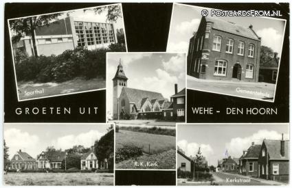 Wehe den Hoorn, Sporthal - Gemeentehuis - Kerkstraat ansichtkaart: Wehe den Hoorn, Sporthal - Gemeentehuis - Kerkstraat