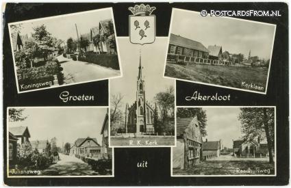 ansichtkaart: Akersloot, Koningsweg - Kerklaan - Julianaweg - Raadhuisweg