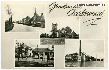 Aartswoud, Dorpsstraat - N.H. Kerk - O.L. School - Watergemaal ansichtkaart: Aartswoud, Dorpsstraat - N.H. Kerk - O.L. School - Watergemaal