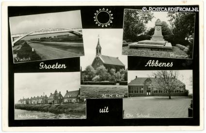 Abbenes, Viaduct - Monument - N.H. Kerk - Hoofdweg - Chr. School ansichtkaart: Abbenes, Viaduct - Monument - N.H. Kerk - Hoofdweg - Chr. School